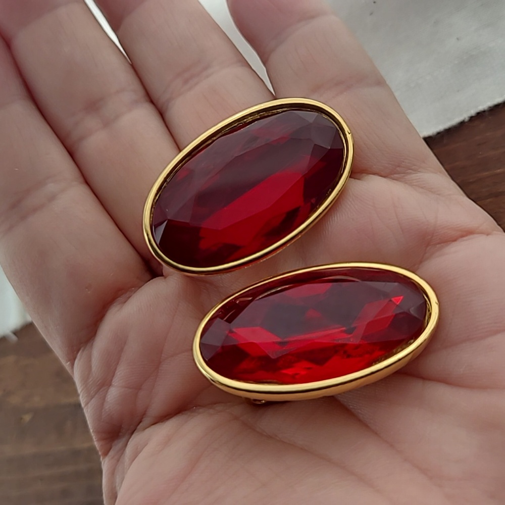 Signed YSL Elegant Red Oval Earrings Faceted Golden Large